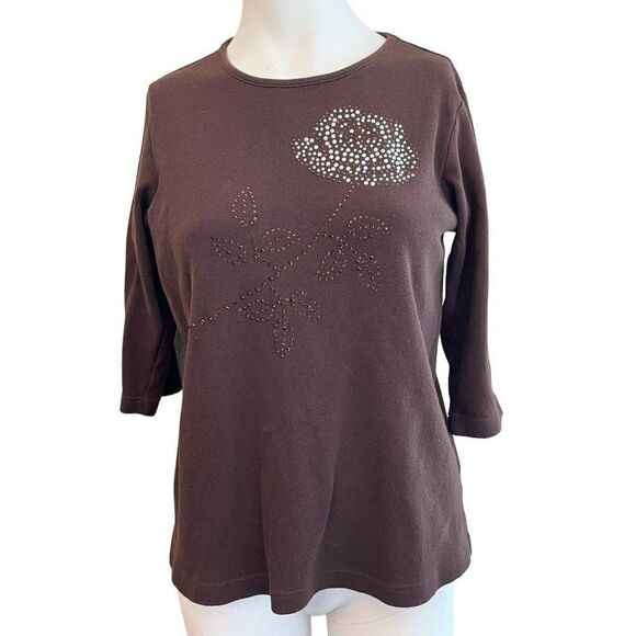 Quacker Factory Womens Small Beaded Rose Studded Blouse Brown Top Flower - Picture 1 of 5